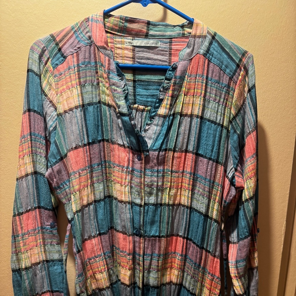 Maurice Flannel pastels top, with belt and ruffle collar